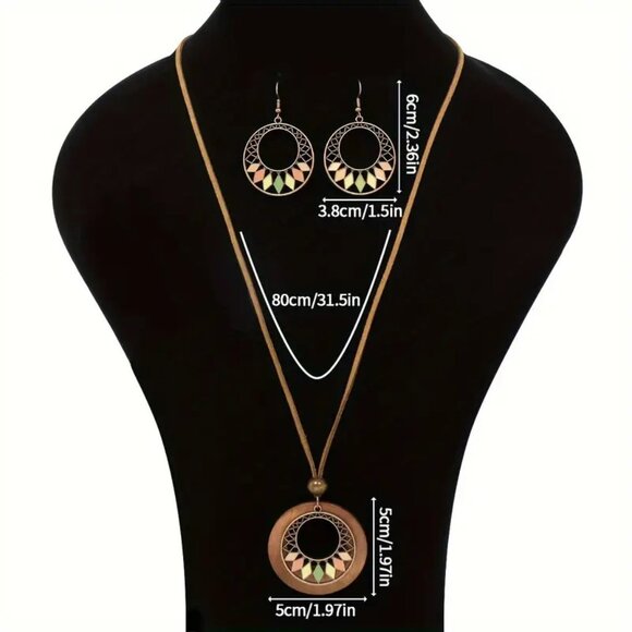 Necklace & Earrings 3pc Set Wood Leather Bronzed Dangle Boho Trendy Yoga Namaste - Picture 6 of 6
